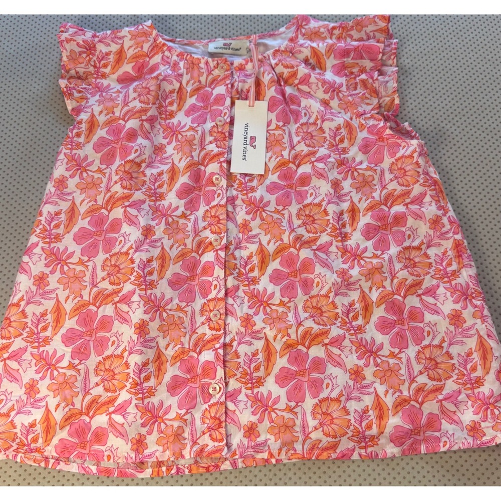 Vineyard Vines Girls Evie Top Block Print Toucan Pink Orange Floral Ruffle L NWT